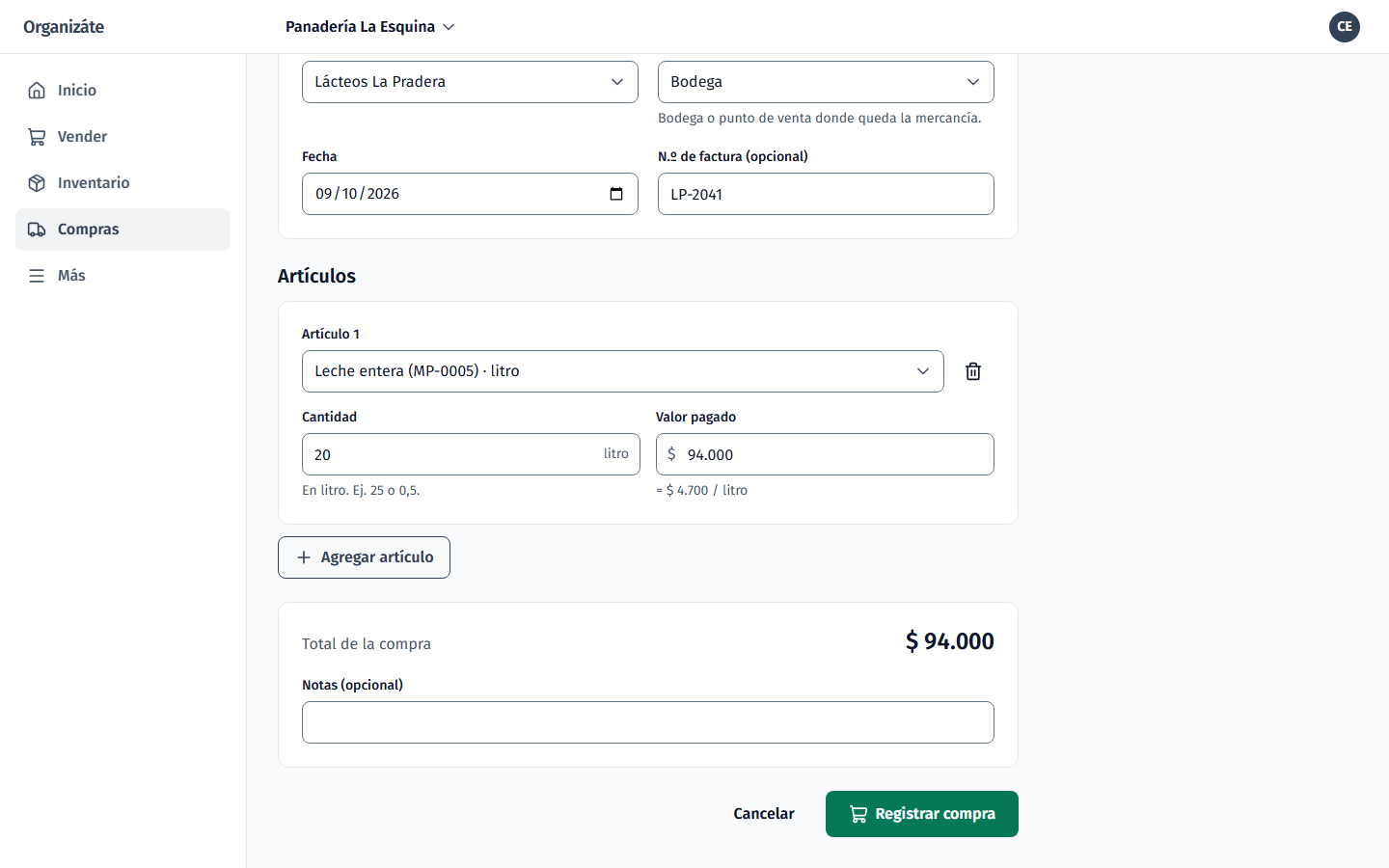 Pantalla Registrar compra: 20 litros de leche por $ 94.000, a $ 4.700 el litro